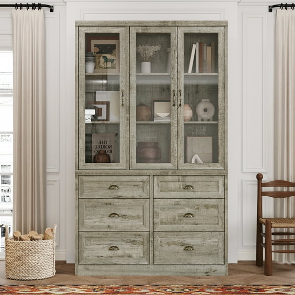 WIAWG 78.7" Tall Bookshelf with 6 Drawers, Rustic Vintage Bookcase with Glass Doors & Adjustable Shelves, Wooden Storage for Home Office, Living Room, Bronze Oak