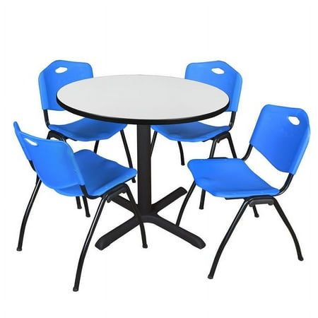 UPC: 0192357142226 | Regency Cain 36 in. Round Breakroom Table- White & 4 M Stack Chairs- Blue