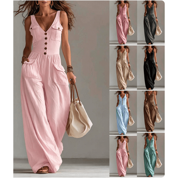 Women's Sleeveless V‑Neck Button‑Front Wide‑Leg Jumpsuit Casual Cargo One‑Piece Pants with Functional Pockets Pink XL(XL)