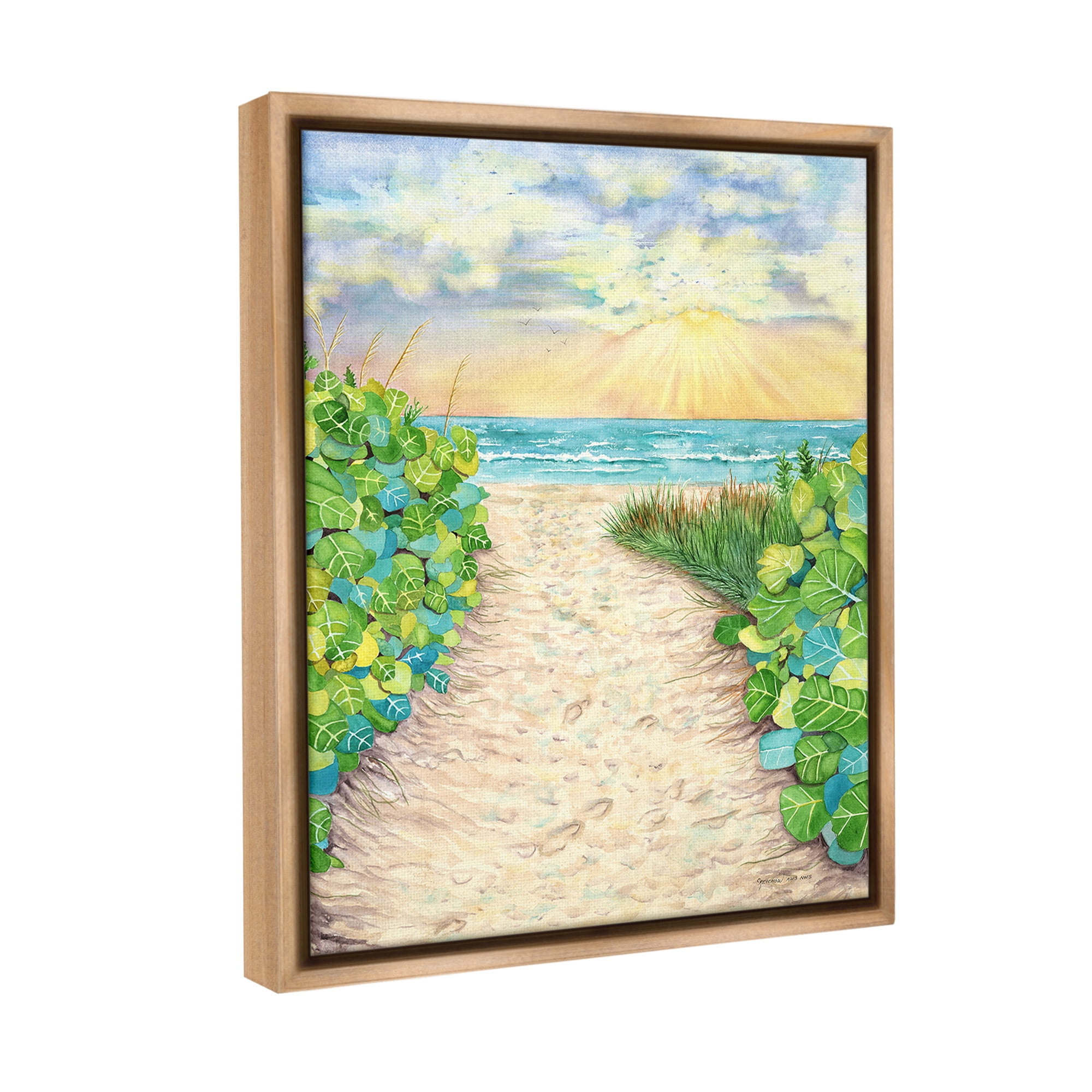 Stupell Industries Lush Beach Botanicals Landscape Painting Brown Floater Framed Canvas Art Print Wall Art, 25 x 31