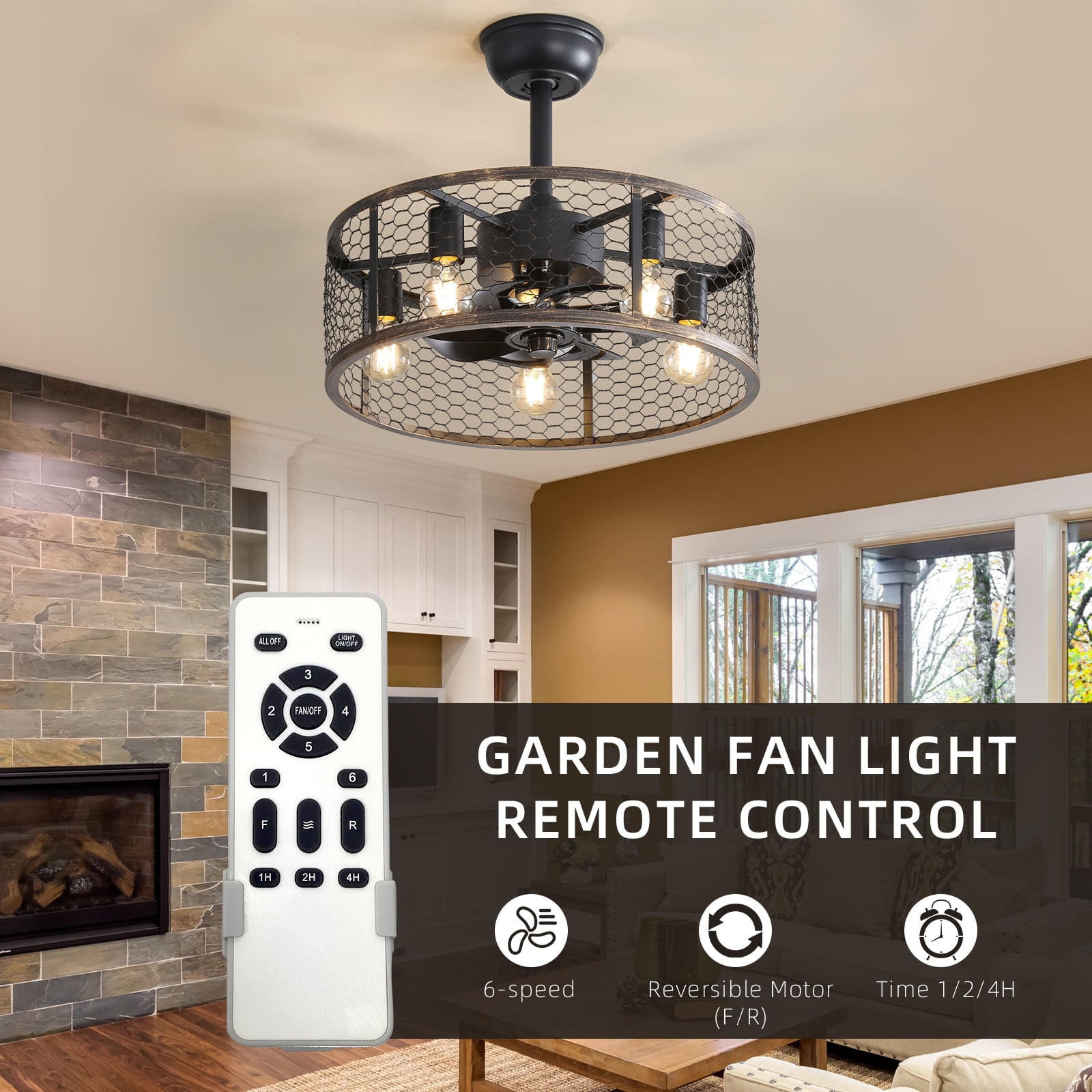 Mintazer 19.7 inch Caged Ceiling Fan with Light, Black Farmhouse Ceiling Fan for Kitchen, Living Room, Home