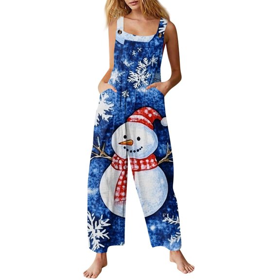 Women Christmas Outfit Stylish Women's Casual Christmas Print Jumpsuit Featuring Convenient Side Pockets For Everyday Comfort And Festive Seasonal Wear Blue 5XL