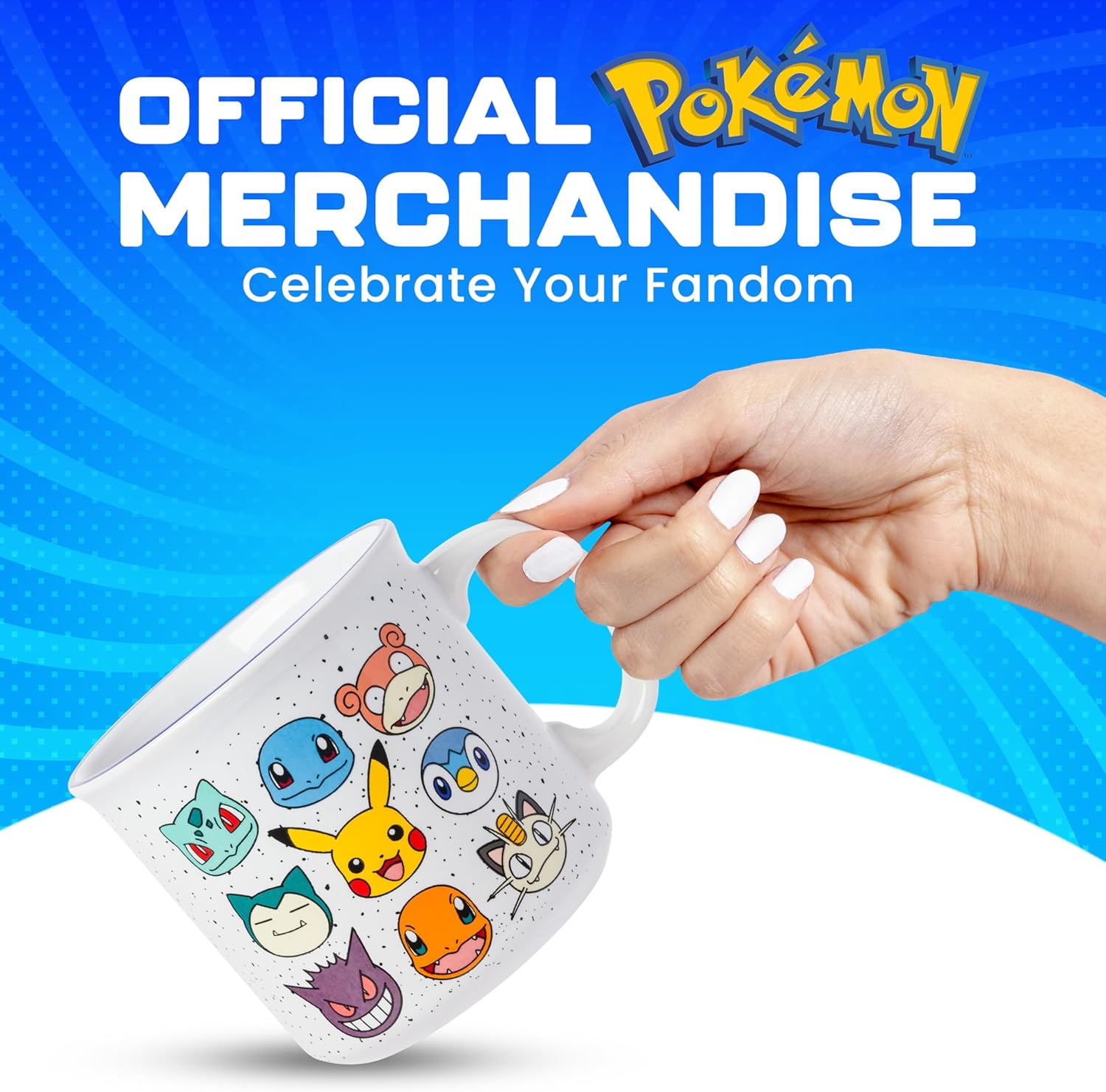 Silver Buffalo Pokemon Bulbasaur, Squirtle, Slowpoke, Snorlax, Pikachu, Piplup, Haunter, Charmander, and Meowth Camper Mug, 20 Ounces
