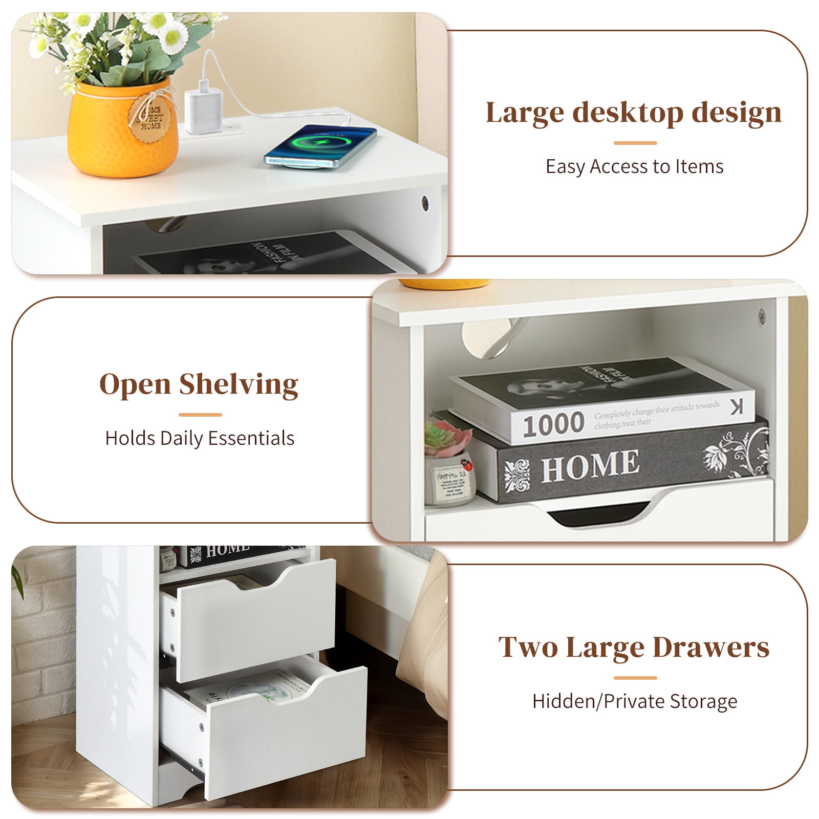 Ktaxon Set of 1 NightStand with Charging Station BedsideTable with 2 Storage Drawers,End Side for Bedroom,Country Style White