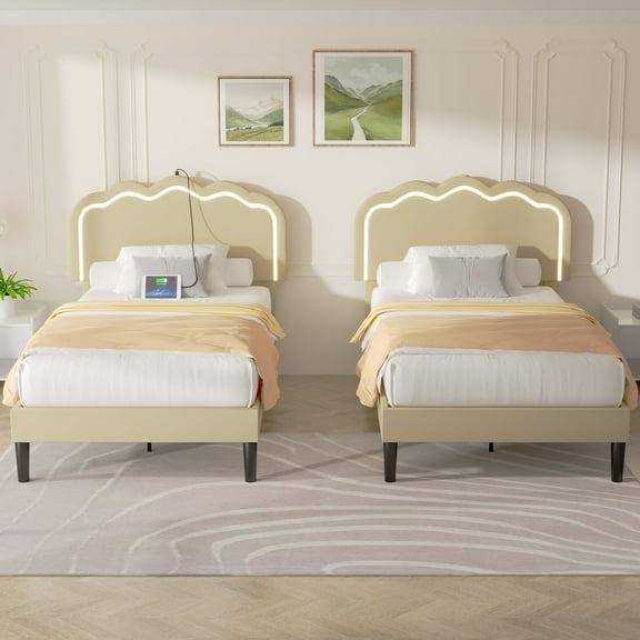 VECELO Set of 2 Twin Bed Frame, LED Upholstered Platform Bed Frame with Charging Station, Adjustable Headboard, No Box Spring Needed, Easy Assembly, Beige