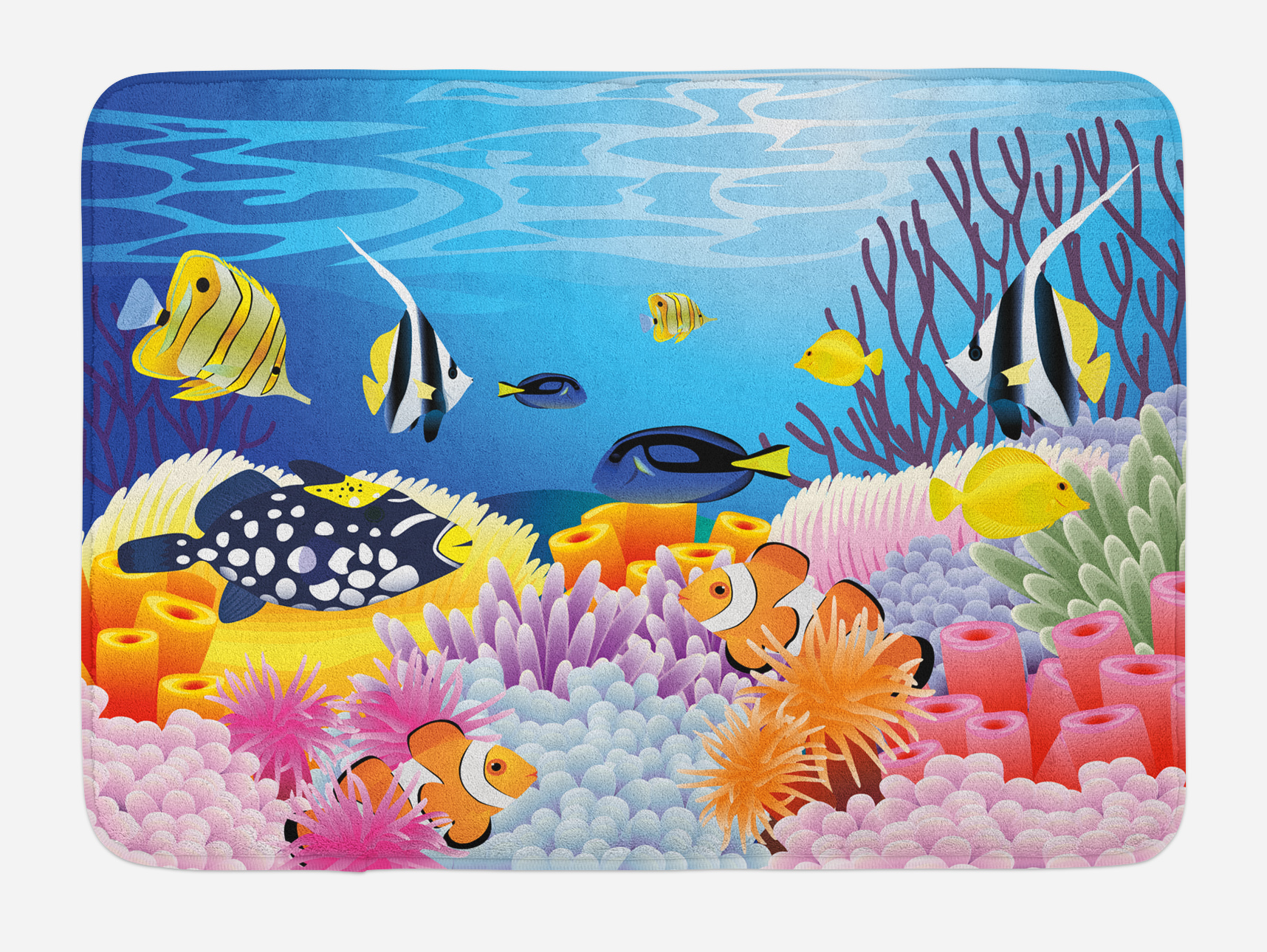 Fish Bath Mat, Water Life with Different Kind of Fishes Coral Reefs and