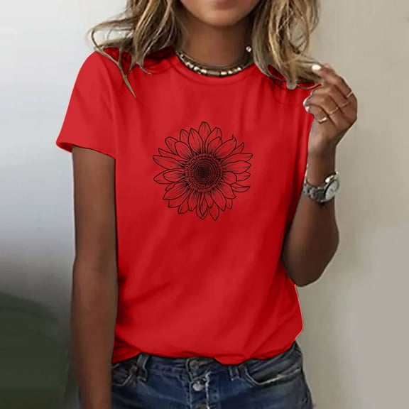 BRGZLK Cap Sleeve Womens Tops Fashion Print Round Neck Short Sleeve T-Shirt Top Stylish Sunflower Graphic Tee for Spring Summer Clothing Red XL