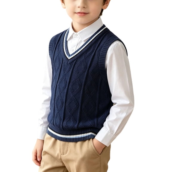 Odeerbi Toddler Boys V Neck Cable Knit Sweater Vest Solid Color Sleeveless School Uniform Waistcoat