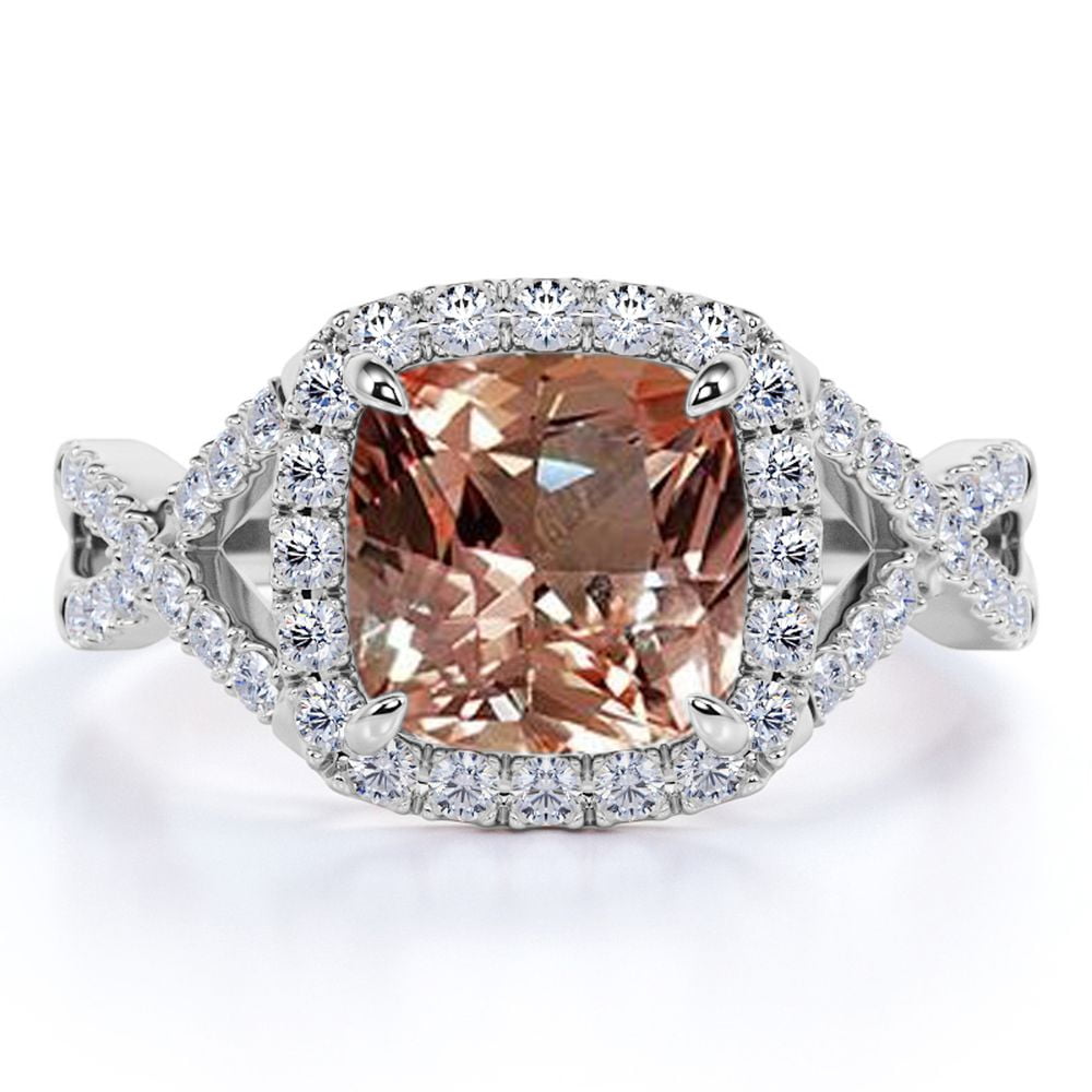 JeenMata Round Cut Peach created morganite Infinity Engagement Ring in 18k White Gold over Silver
