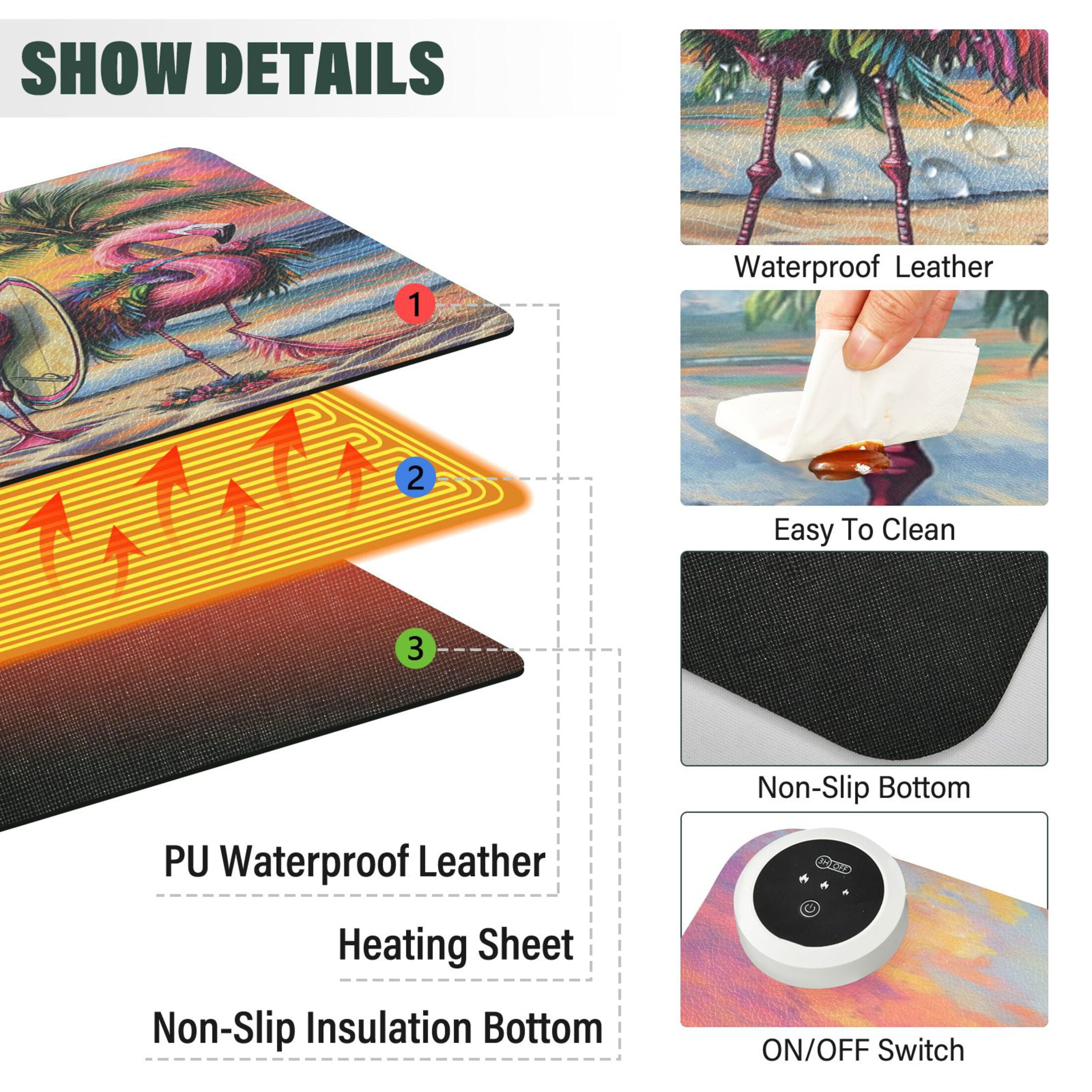 Wobogo Summer Flamingo Heated Mouse Pad Extra-Large Desk Mat With 3 Heating Levels and 3-hour Auto Shut-Off Protection Ideal for Computer Keyboards Home Office Hand-warming Essential 31.5in × 13in