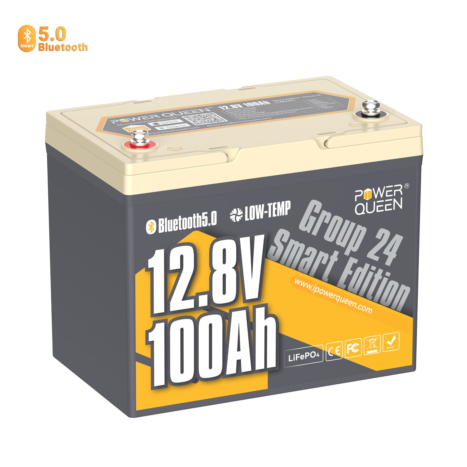 Power Queen 12V 100Ah Smart Group 24 Lithium LiFePO4 Battery with Bluetooth 5.0, Low-Temp Cut Off for RV,Trolling Motor,Solar