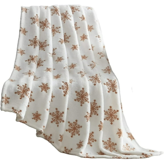 Serafina Home Winter Decorative Throw Blanket: Soft Comfy Fleece Velvet Plush Flurries of Snowflakes, Accent for Couch Bed Chair, Gold White