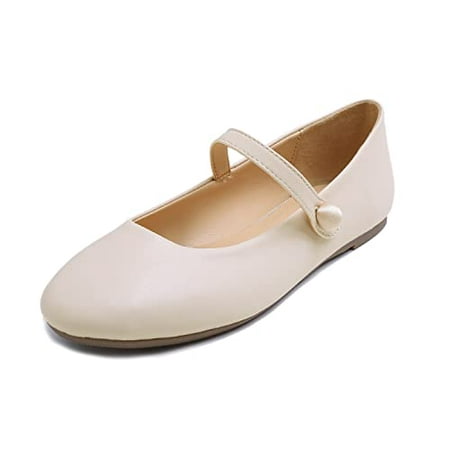 

Feversole Women s Mary Jane Fashion Round Toe Easy Buckle Slip On Flats Beige Napa Size 8.5 M US