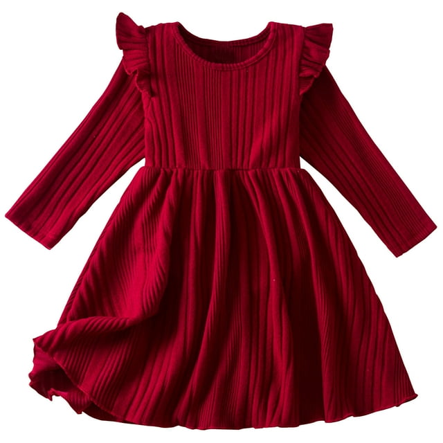 FAIWAD Toddler Girl Christmas Dress Kids Ribbed Knit Sweater Dresses Ruffle Long Sleeve A-Line Fall Winter Dresses