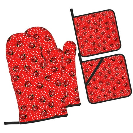 

Haiem Red Ladybugs On White Dotted Print Extra Long Oven Mitts and Pot Holders 4pc Sets: Heat Resistant Silicone Oven Mittens with Mini Oven Gloves and Hot Pads Potholders