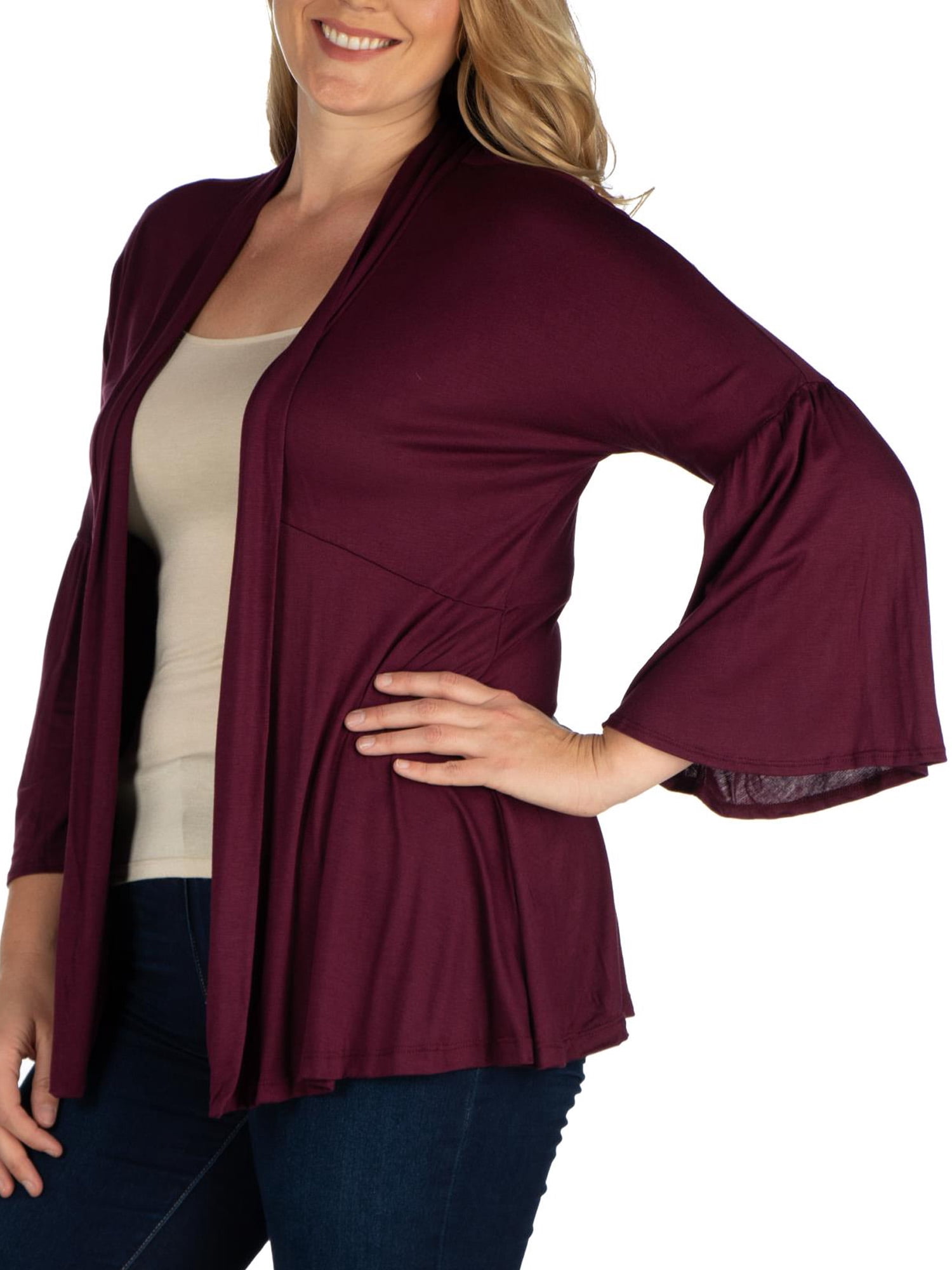 24seven Comfort Apparel Plus Size Bell Sleeve Flared Open Front Cardigan
