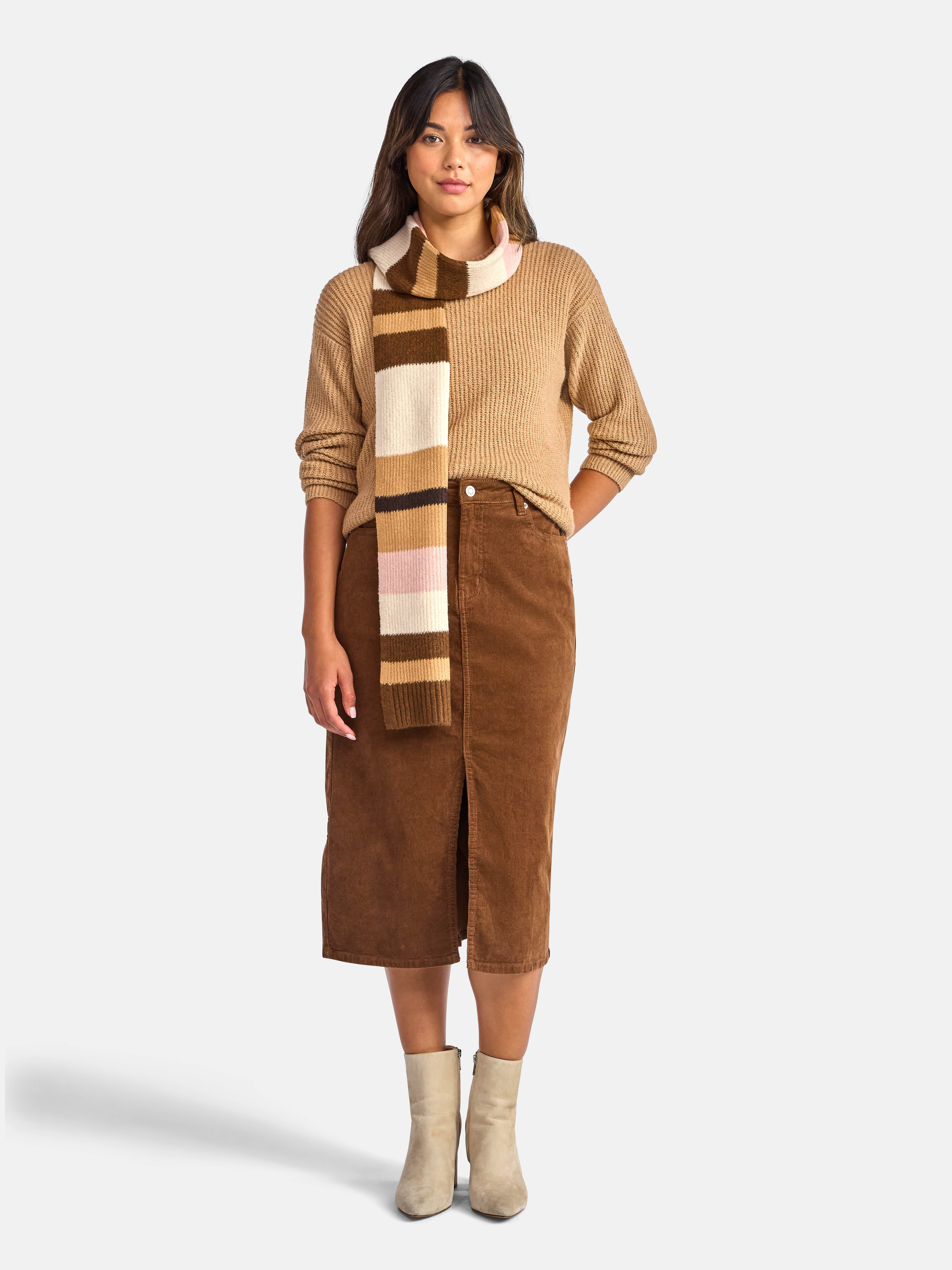 Time and Tru Women's Ribbed Crewneck Sweater and Stripe Scarf Set, 2-Piece, Sizes XS-XXXL
