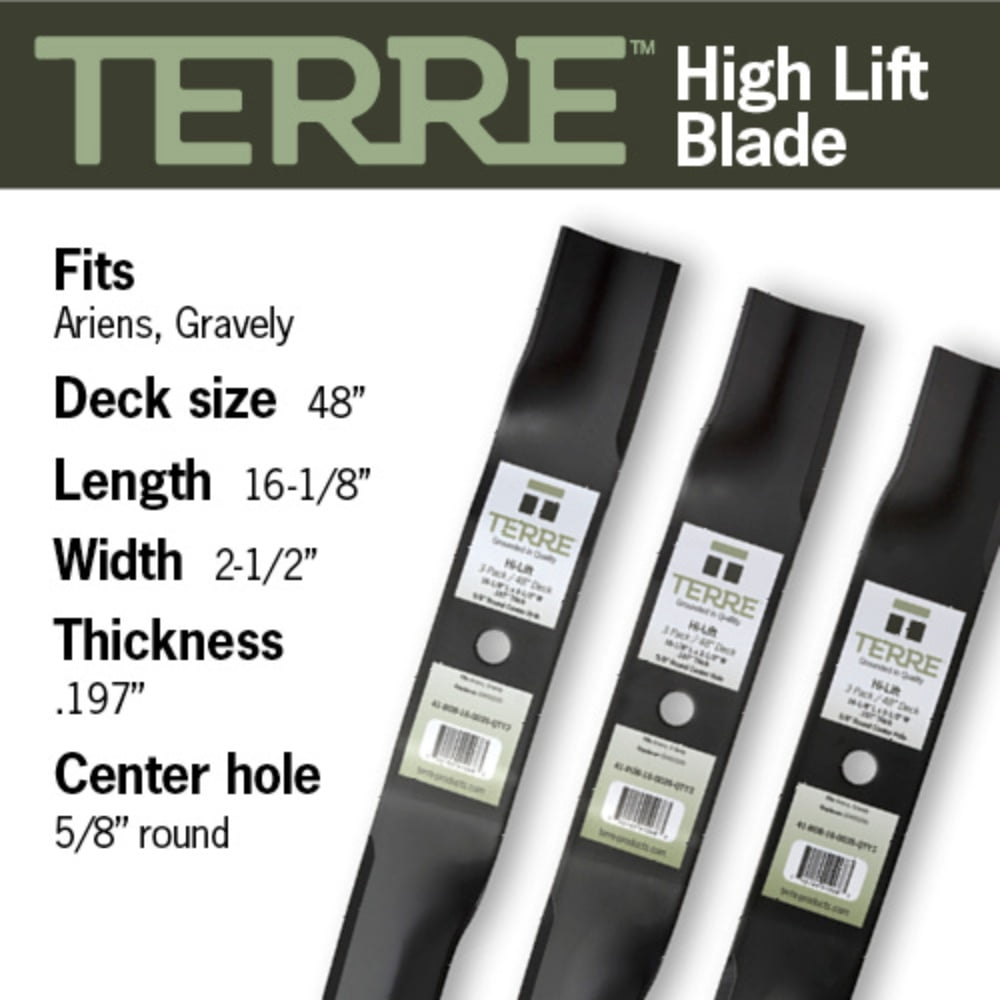 Terre Products, 3 Pack Hi Lift Lawn Mower Blades, 48 Inch Deck, Compatible with Ariens, Gravely, Replacement for 450200, 00450200, 02982000