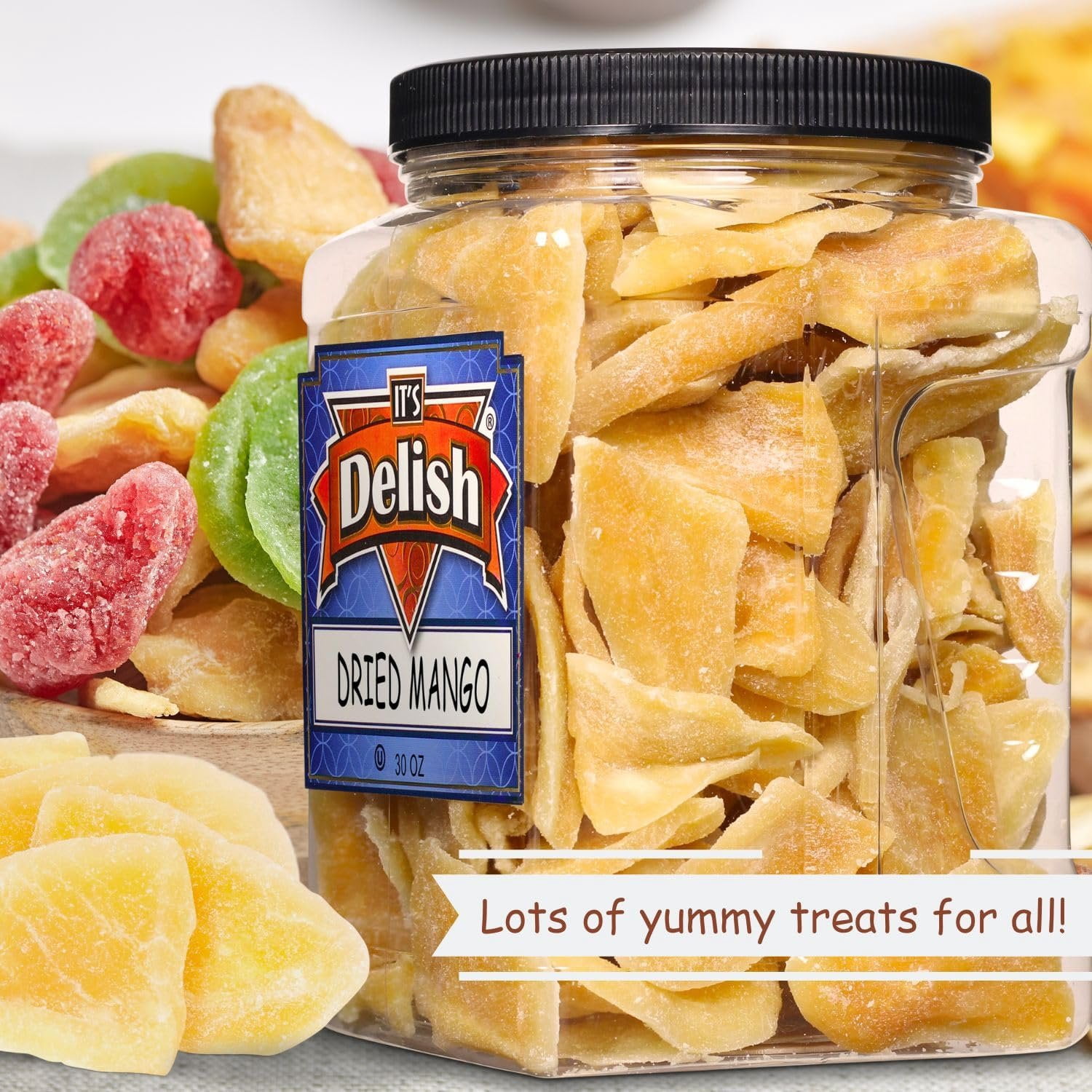 Dried Mango Slices by Its Delish, 30 OZ Jumbo Reusable Container  Candied Dried Fruit  Natural Flavor, Sweetened & Low Sugar, No Color Added  Dry Mango Candy Healthy Snacks  Vegan, Kosher