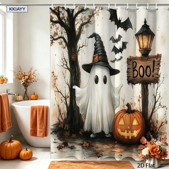 Boo Ghost Witch Hat Tree Bat Pumpkin Lantern Watercolor Print Shower Curtain With Hooks Farmhouse Halloween Bathroom Decor