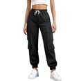 thumbnail image 2 of Women's Cargo Sweatpants, High Waisted Baggy Joggers with Pockets, Straight Leg Elastic Ankle Athletic Trousers for Hiking, Workout and Casual Wear Black S, 2 of 7