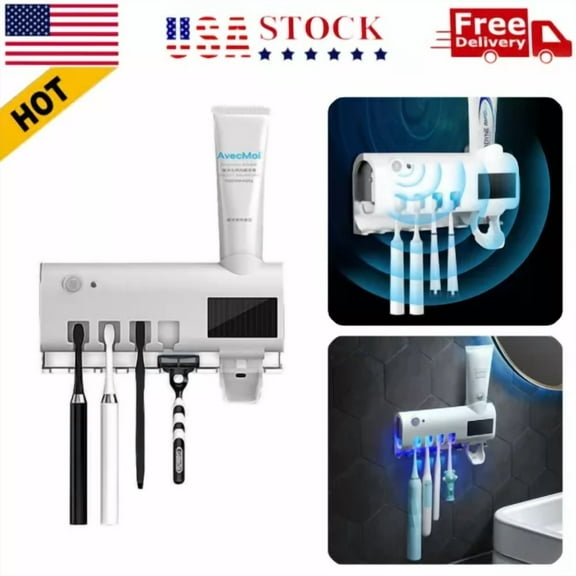 4 Toothbrush Holder Set Blue Light Cleaner Wall Mount Toothpaste Dispenser