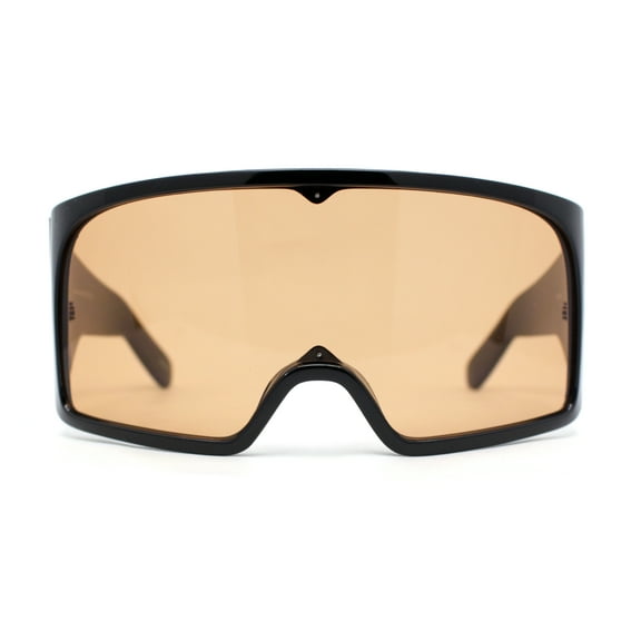 XL Oversized Shield Rectangle Super Thick Temple Plastic Sport Sunglasses Black - Light Brown