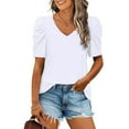 thumbnail image 4 of Pimfylm Womens Summer Shirt V Neck Casual Tshirts Puff Sleeve Tops for Women Solid Color XS-3XL White, XL, 4 of 4