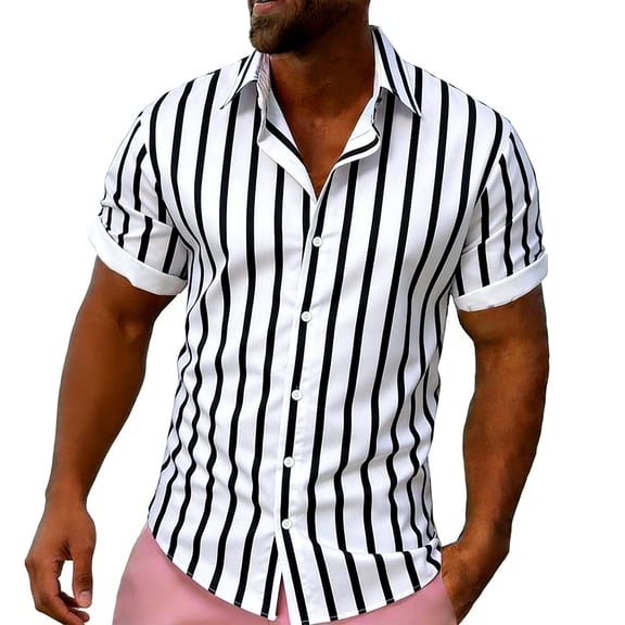 Mens Striped Shirts Short Sleeve Button Down Slim Fit Summer Breathable Beach Vacation Shirts Black L