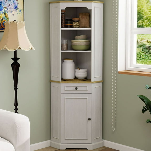 S-HOME 68 Inch Tall Antique White Corner Storage Cabinet with 1 Door and Drawer for Living Room, Dining Room and Kitchen