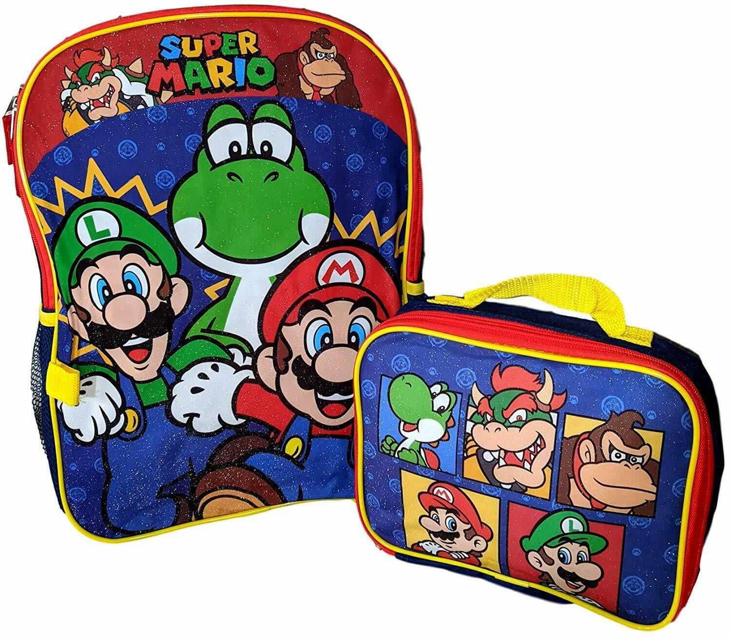 Super Mario 16" Pre K School Backpack Book Bag Lunch Box SET Kids Little Boys 
