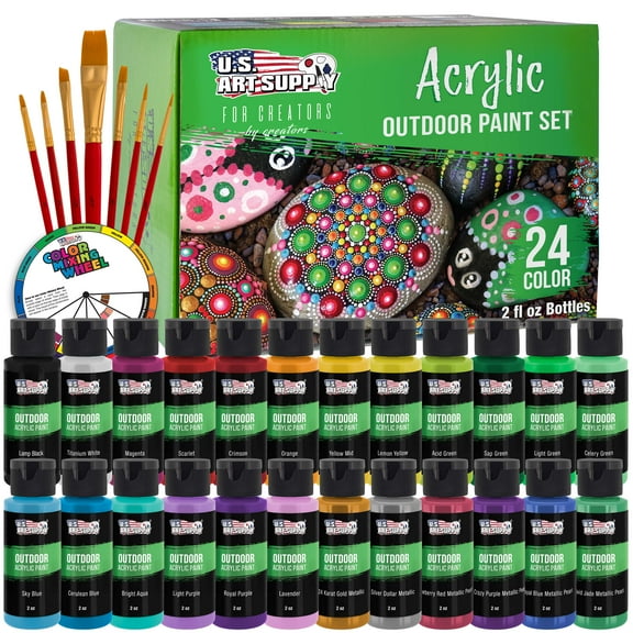 U.S. Art Supply Professional 24 Color Outdoor Acrylic Paint Set, 2oz Bottles, with 7 Brush Kit - Vivid Colors for Painting Canvas, Rocks, Wood Crafts, Toys