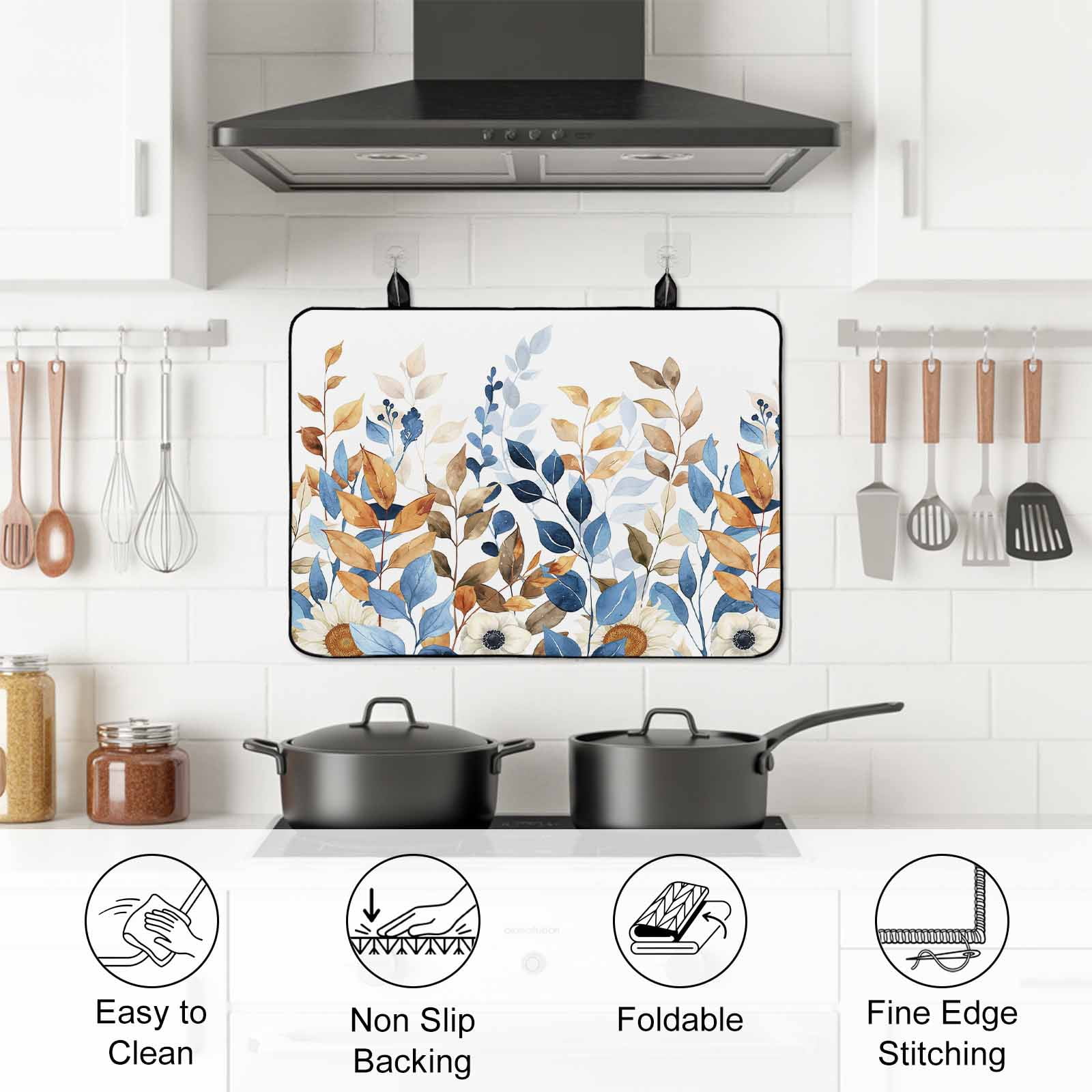 Orange Blue Botanical Stove Top Cover for Electric Stove, Heat-proof & Non Slip Glass Top Stove Cover Protector, Fall Eucalyptus Leaves Kitchen Flat Cooktop Rubber Mat 24x21 Inches