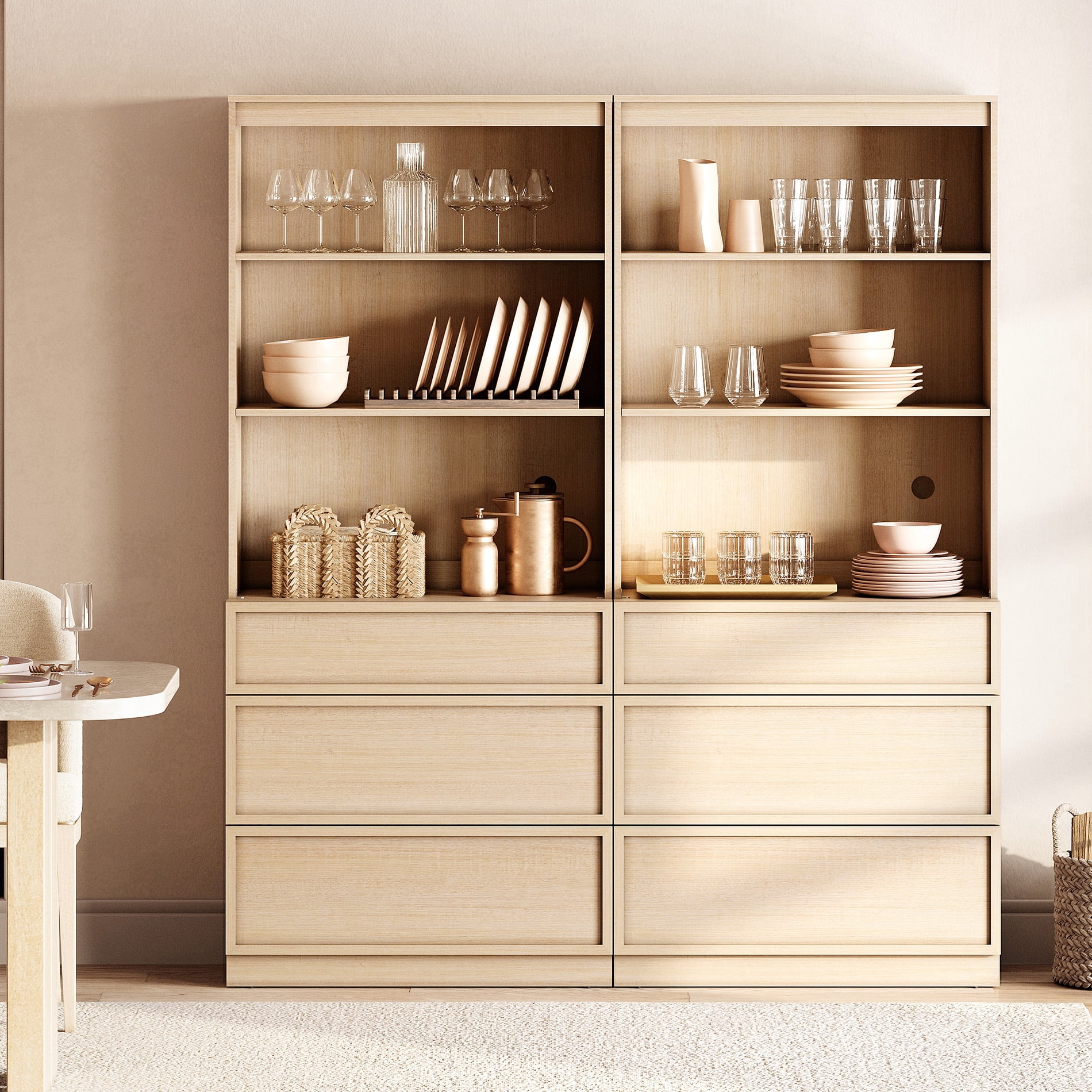 Modern 72" Tall 63" Wide Wood Sideboard Buffet with 6 Drawers & Open Shelves for Dining Kitchen,Beige