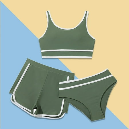 Girls Swimsuit Set 3 Piece Beach Bikini Swimsuits Set with Shorts Cover up Sport Bathing Suit For Teens 9-10 Years