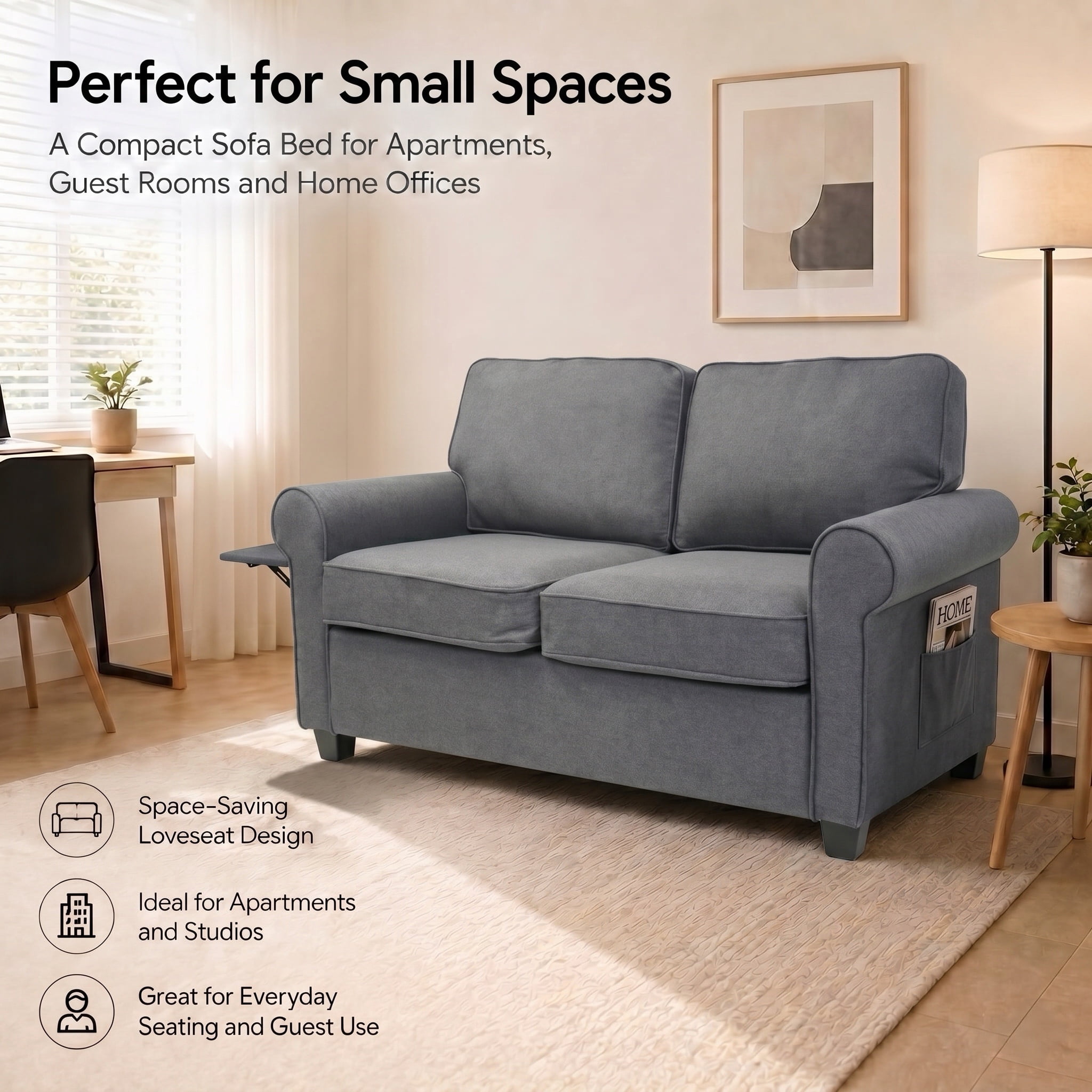 IDEK Pull Out Sofa Bed, 2-in-1 Convertible Loveseat Sleeper Couch with Side Pockets, Gray