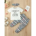 thumbnail image 2 of Kucnuzki 9 Months Baby Girl Spring Summer Outfits Pants Sets 12 Months Short Sleeve Letter Prints T-Shirt Elastic Striped Prints Pants Headband 3PCS Set White, 2 of 9
