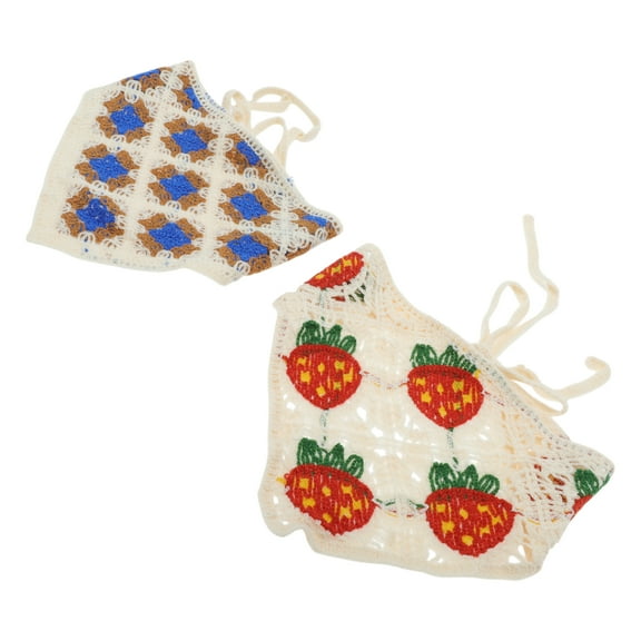 Unique Bargains 2 Pcs Triangle Bandana Strawberry Flowers Knitted Turban Crochet Hair Scarf for Women Beige