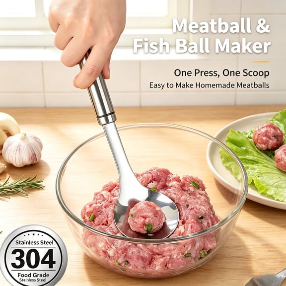 ZMGEJPW Stainless Steel Meatball Maker, Non-Stick Push Type Kitchen Gadget, Long Handle Scoop for Easy Meatball Preparation, Hangable Storage, Rust Resistant, Silver, 1 Count