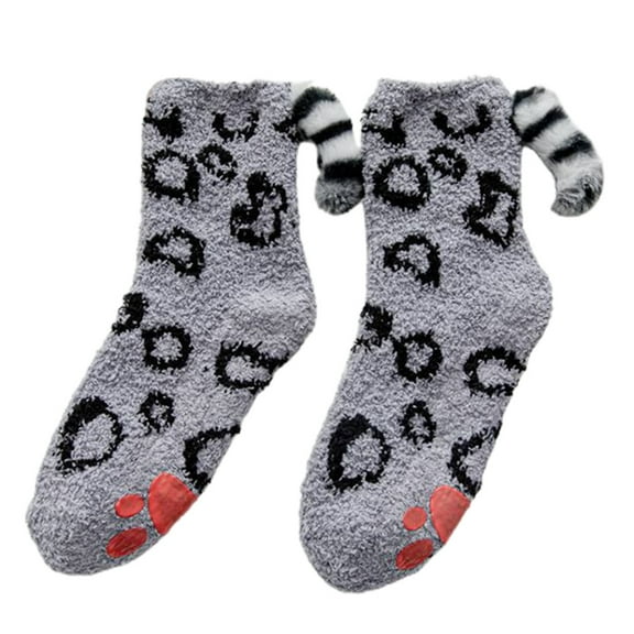 Women Winter Cute for Cat Paw Fuzzy Slipper Socks with Grippers 3D Kitten Plush Tail Anti-Skid Fluffy Warm Floor Hosiery