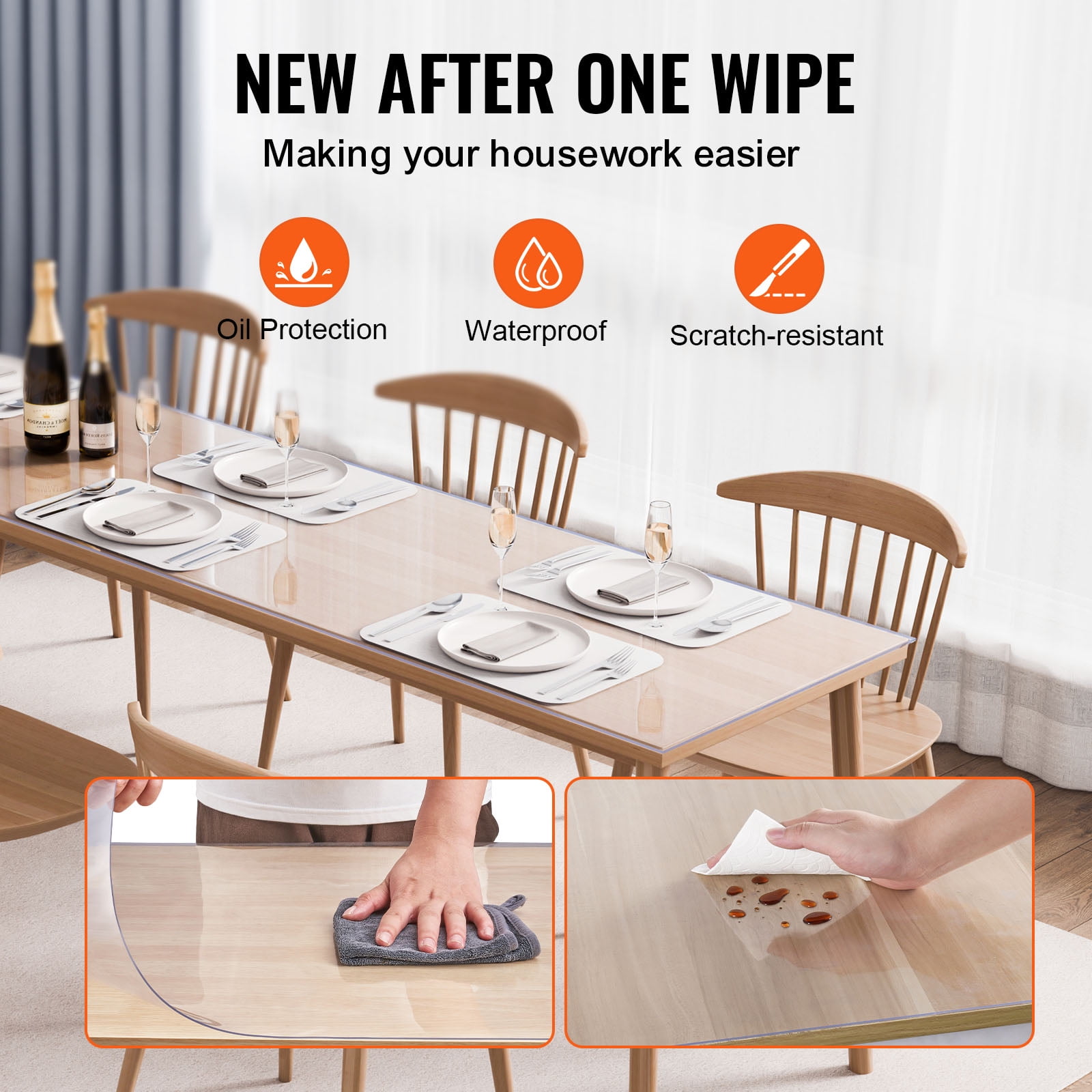VEVOR Plastic Table Cover, 42 x 96 Inch 1.5 mm Thick Clear Table Protector, Rectangle PVC Desk Mat, Waterproof & Easy Cleaning Desk Pad Tablecloth, for Office Dresser Dining Room Table Night Stand
