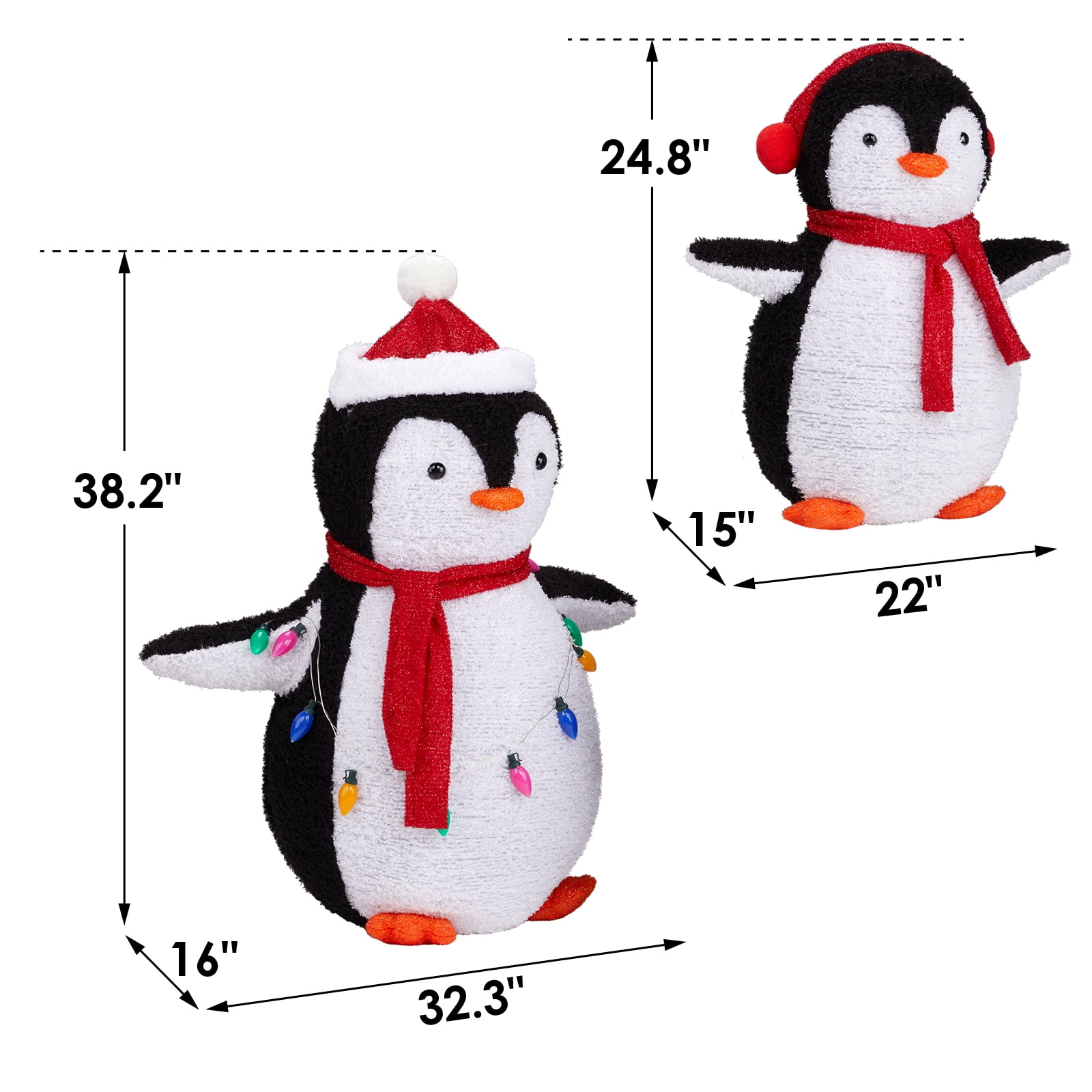Astoutdoor 2-Piece Lighted Plush Penguin Christmas Yard Decorations, Pre-Lit Pull-Up Penguins with 150 Warm White LEDs, Multicolor Light String and Stakes