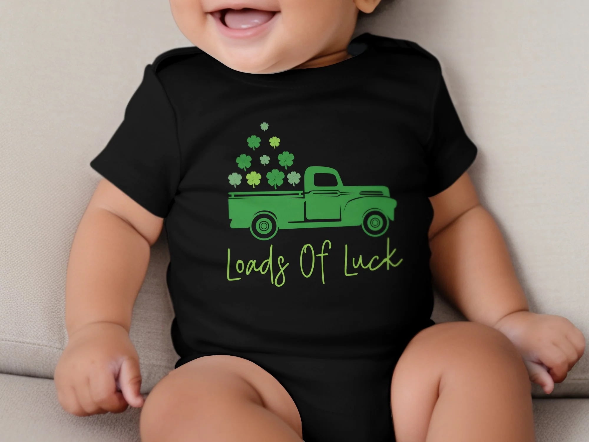 St. Patrick's Day Baby Onesie, Cute Loads of Luck Pickup Truck, Green Clover Shamrock Infant Bodysuit, Unisex Baby Shower Gift, Soft Cotton