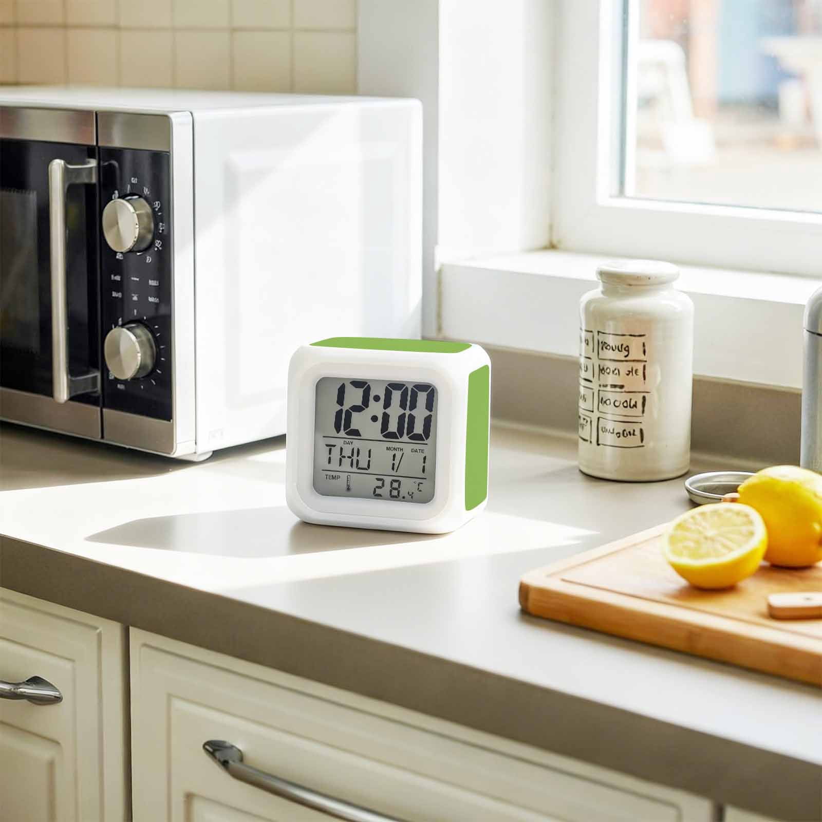 Green Digital Alarm Clock for Bedrooms,Smart LED Alarm Clock with 7 Color Changing Night Light,Solid Color Simple Abstract Fashion Light Color Silent Wake Up Clocks for Sleep Study Cooking 3.2"x3.2"