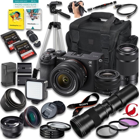 Sony a7C II Mirrorless Camera with 28-60mm Lens and E 55-210mm f/4.5-6.3 OSS & 420-800mm f/8 Lens + 128 GB Memory + Extra Battery + Camera Case + More (34pc Bundle)
