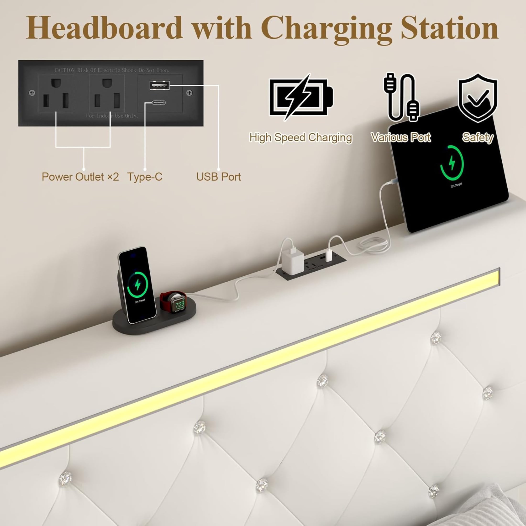 Noble House Quinci Full Bed Frame with LED Light and Adjustable Headboard, Storage Drawers & Charging Station, White
