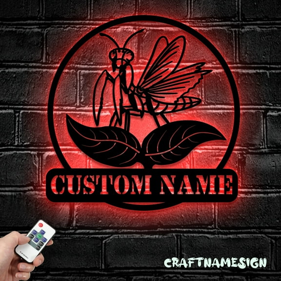 Craftnamesign Custom Praying Mantis Metal Wall Art LED Light, Personalized Mantises Lover Name Sign