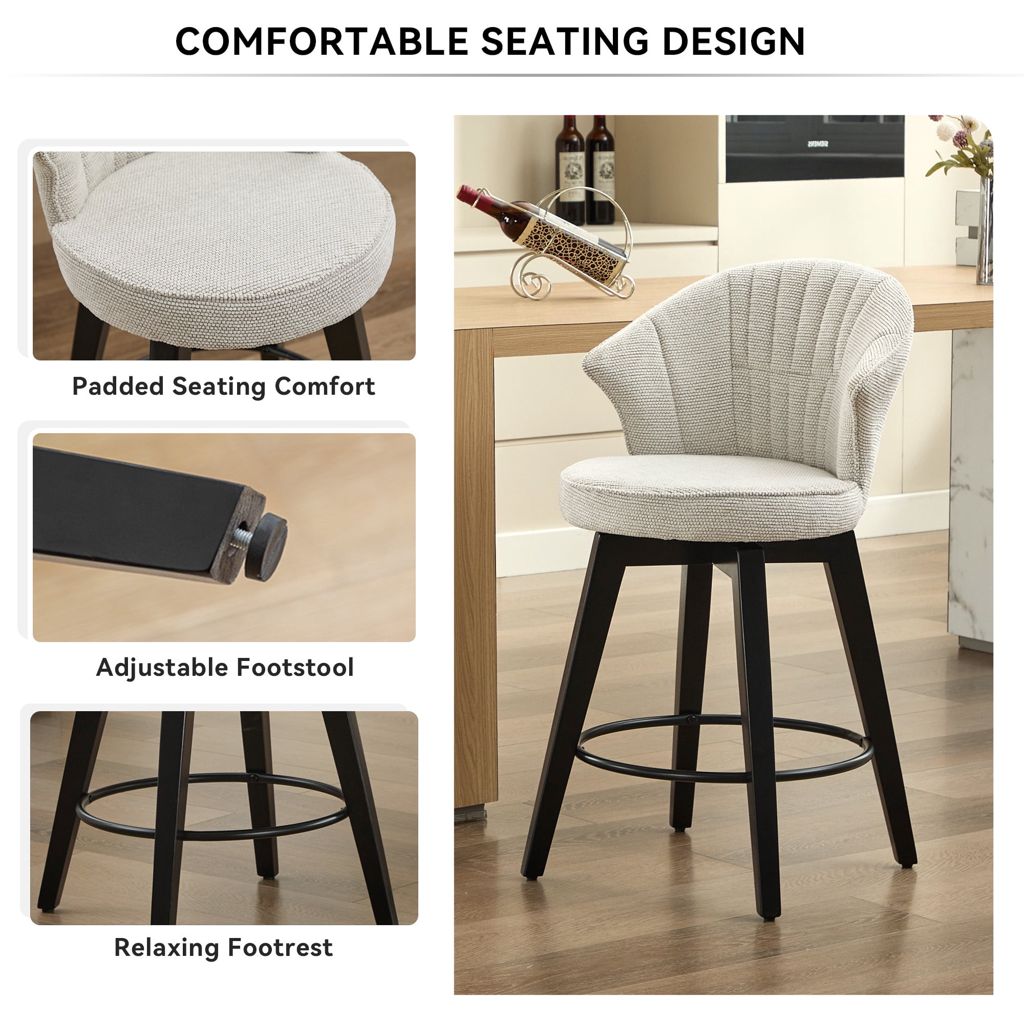 PORKISS Bar Stools Set of 2, Chenille Upholstered Swivel Counter Stools with Wide Backrest, Modern 360° Swivel Barstools for Bar, Kitchen Island, Dining Room, White