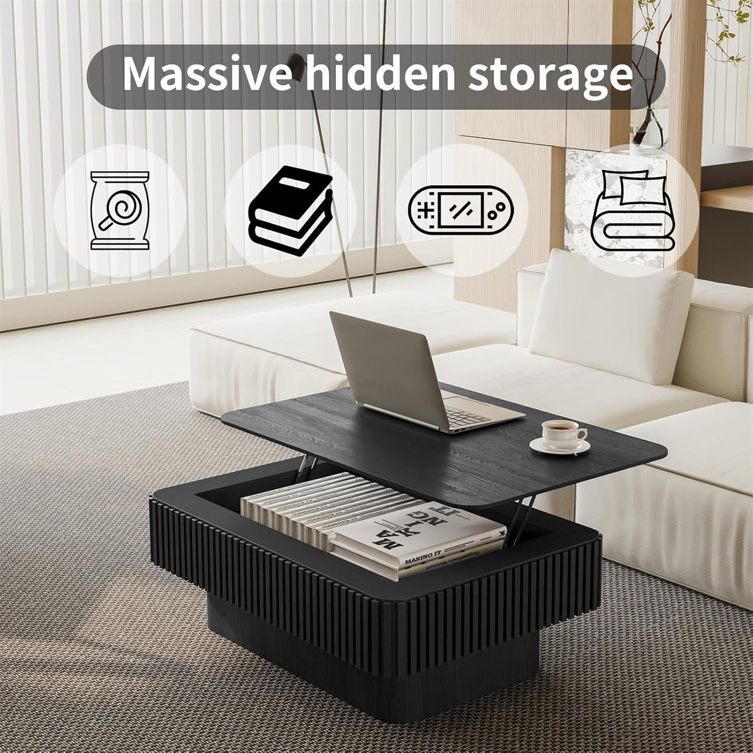 BMJDM Mid-Century Lift Top and Storage Solid Wood and MDF Coffee Table with Hardware and Installation Instructions, Black