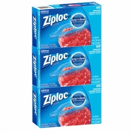 Ziploc Brand Medium Freezer Bags, 3 packs of 60